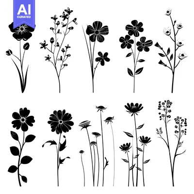 Aset premium populer: Black and White Silhouettes of Various Flowers and Foliage