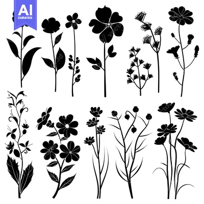 Aset desain premium: Black Silhouettes of Various Flowers and Plants