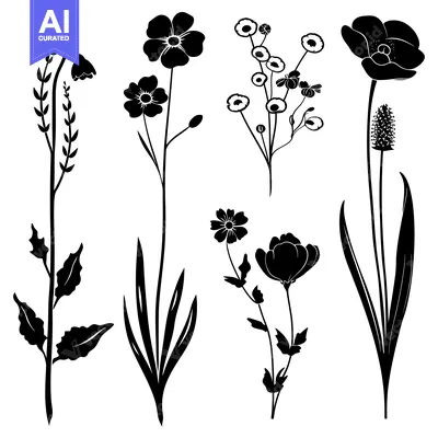 Aset desain premium: Black Silhouettes of Five Different Wildflowers
