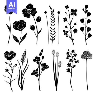 Premium design asset: Black Silhouettes of Various Flowers and Plants