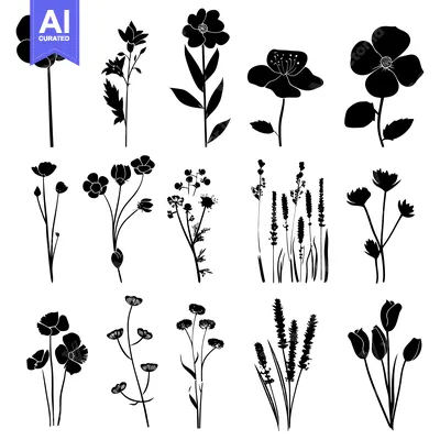 Premium design asset: Black Silhouettes of Various Wildflowers and Grasses