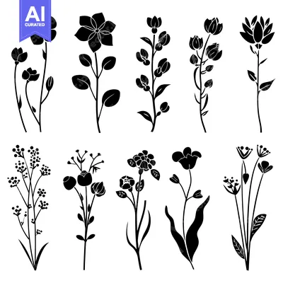 Aset premium populer: Silhouette Set of 10 Blooming Flowers in Black and White