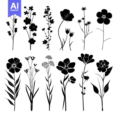 Aset premium populer: Silhouettes of 12 Different Flower Varieties with Stems and Leaves