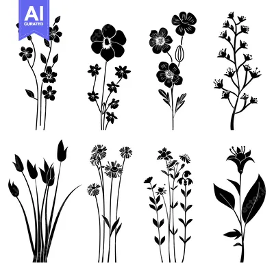Premium design asset: Black and White Silhouettes of Various Flower Species