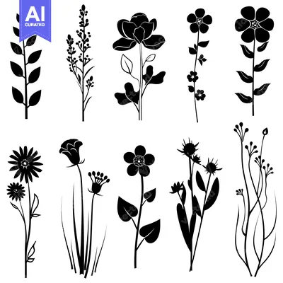 Aset desain premium: Black Silhouettes of Various Flowers and Plants