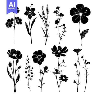 Premium design asset: Black Silhouettes of Various Flowers and Buds