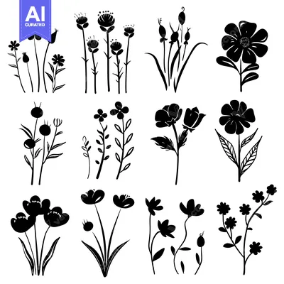 Aset premium populer: A Collection of Twelve Black and White Floral Silhouettes