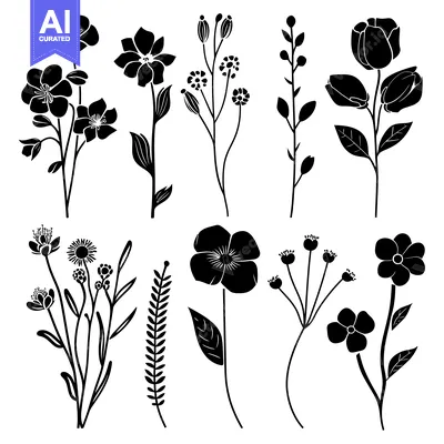 Premium design asset: Collection of Black Silhouettes of Various Flowers and Foliage