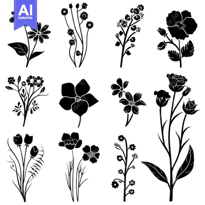 Aset premium populer: Collection of Black and White Flower Silhouettes