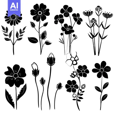 Premium design asset: Collection of Black and White Silhouettes of Various Flowers