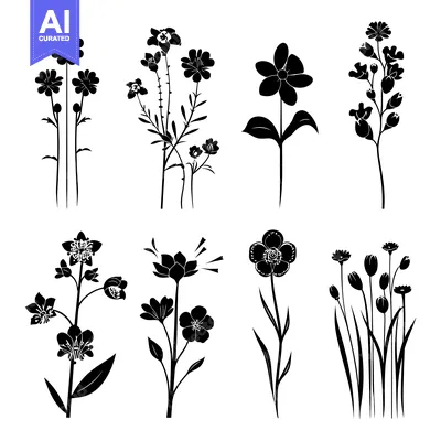 Eight Black Silhouettes of Various Flower Arrangements