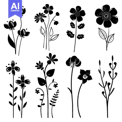 Aset desain premium: A Collection of Eight Black and White Floral Silhouettes