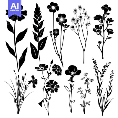Aset desain premium: A Collection of Black Silhouettes of Various Flower and Plant Species
