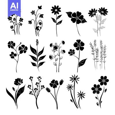 Popular premium asset: A Collection of Black and White Floral Silhouettes