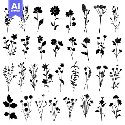 Popular premium asset: Collection of Black Silhouettes of Various Flowers and Plants