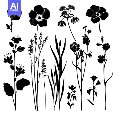 Aset desain premium: Black Silhouettes of Various Flowers and Grasses