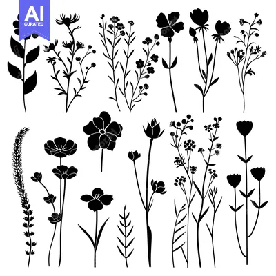 Aset desain premium: Collection of Black Silhouettes of Wildflowers and Grass