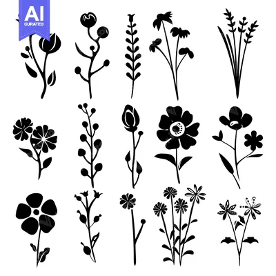 Aset desain premium: A Collection of Black and White Floral Silhouettes