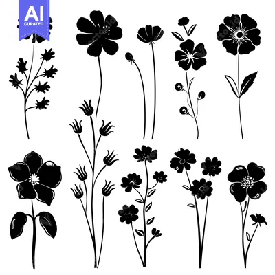 Aset desain premium: Collection of Black Silhouettes of Various Flower Species