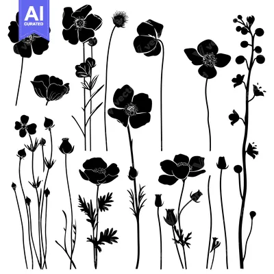 Premium design asset: Black and White Silhouettes of Various Flower Species