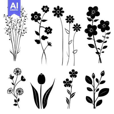 Aset desain premium: Silhouette Illustration of Seven Floral Arrangements