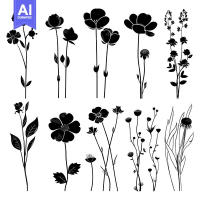 Aset desain premium: Collection of Black Silhouettes of Various Flowers and Foliage