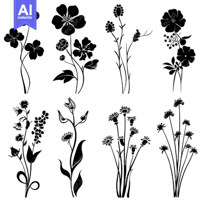 Aset desain premium: A Collection of Black and White Floral Silhouettes