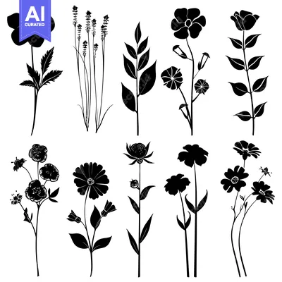 Aset premium populer: A Collection of Silhouettes of Various Flowers and Plants