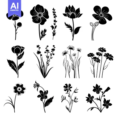 Aset premium populer: Black Silhouettes of Various Flowers and Plants