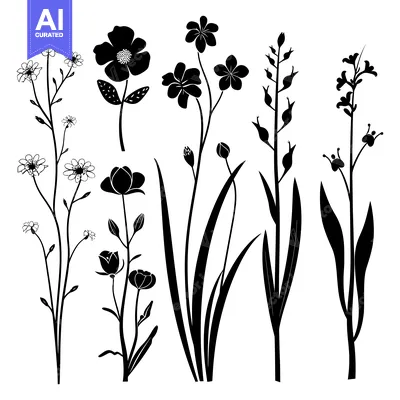 Aset desain premium: Black and White Silhouettes of Various Flowers