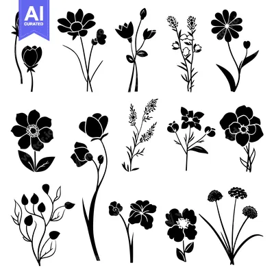Aset premium populer: A Collection of Black Silhouettes of Various Flowers and Plants