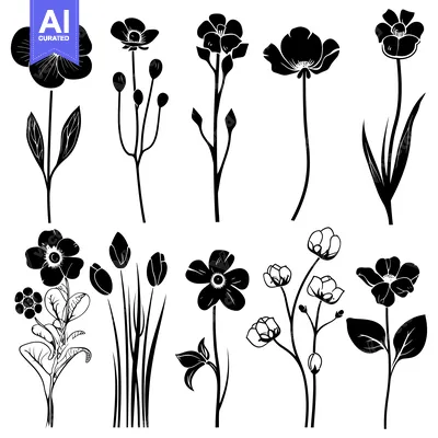 Aset desain premium: Black and White Silhouettes of Various Flowers and Buds
