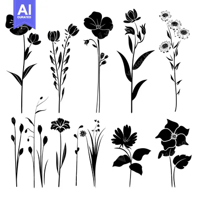 Aset desain premium: Black Silhouettes of Various Flowers and Plants