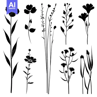 Aset premium populer: Black Silhouettes of Various Wildflowers and Grasses