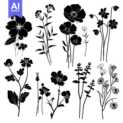 Aset premium populer: Black and White Silhouette Collection of Various Flowers