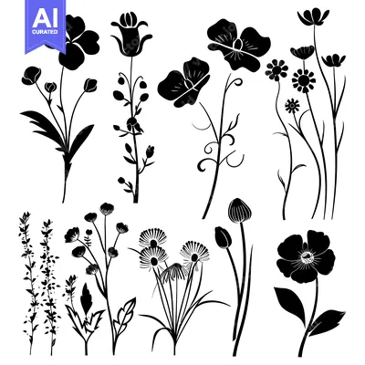 Popular premium asset: Black Silhouettes of Various Flowers and Foliage