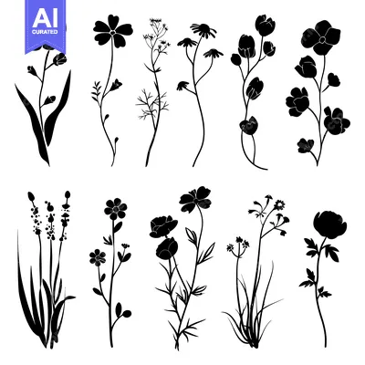 Aset desain premium: Set of Black Silhouettes of Various Flowers and Plants