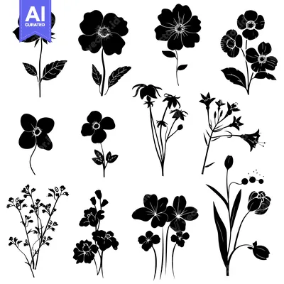 Aset premium populer: Collection of Silhouettes of Various Flowers in Black and White