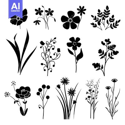Aset premium populer: A Collection of Black Silhouettes of Various Flowers and Foliage
