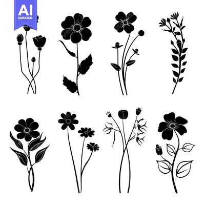 Aset desain premium: Set of Black Silhouettes of Various Flowers