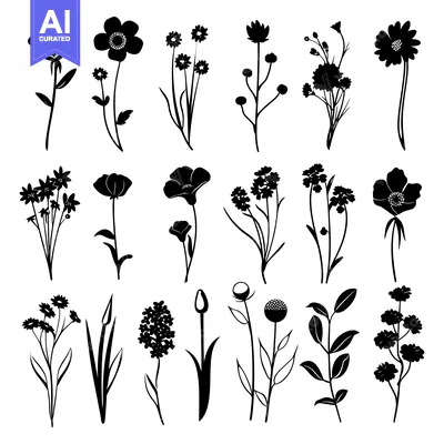 Aset premium populer: Black Silhouettes of Various Flower and Plant Varieties