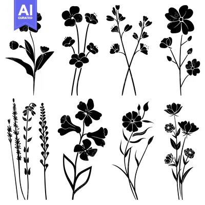 Aset premium populer: Black Silhouettes of Various Flowers and Plants