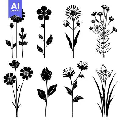Aset premium populer: Black Silhouettes of Various Flowers and Foliage