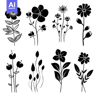 Aset premium populer: Black and White Floral Silhouettes on White Background