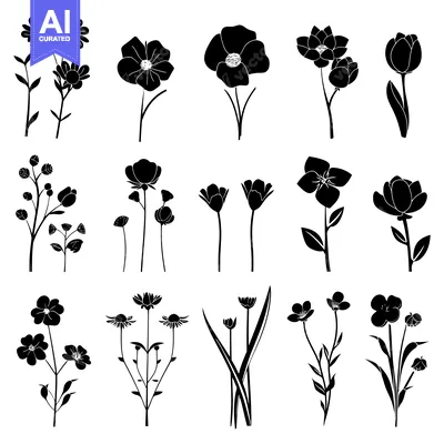Aset premium populer: A Collection of Black and White Flower Silhouettes