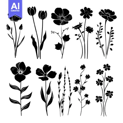 Aset premium populer: Black Silhouettes of Various Wildflowers and Buds