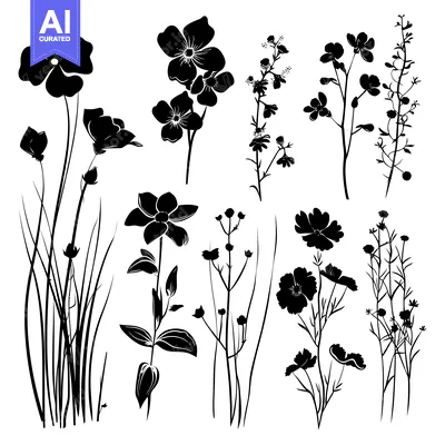Premium design asset: A Collection of Black Silhouettes of Various Flower and Plant Species