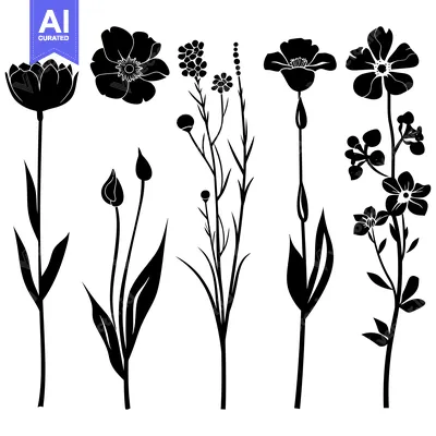Aset desain premium: Black Silhouettes of Different Flower Varieties