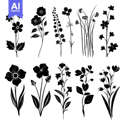 Aset desain premium: A Collection of Ten Black Silhouettes of Different Wildflowers