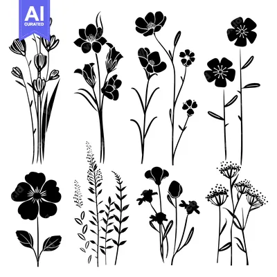 Aset premium populer: Black Silhouettes of Various Flower and Plant Species